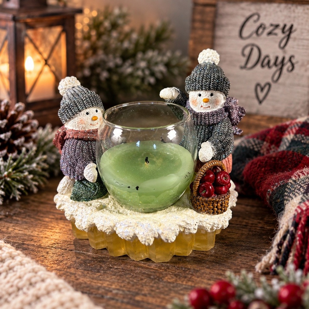 Winter Snowman Votive Candle Holder Figurine Glitter Snow Base Holiday Decor